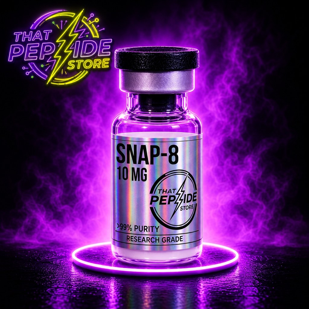 Snap-8 10mg research peptide vial — lyophilized powder, ≥99% HPLC purity, third-party COA available. For research use only.