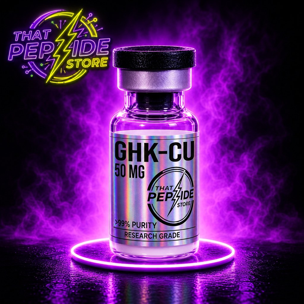GHK-CU 50mg research peptide vial — lyophilized powder, ≥99% HPLC purity, third-party COA available. For research use only.