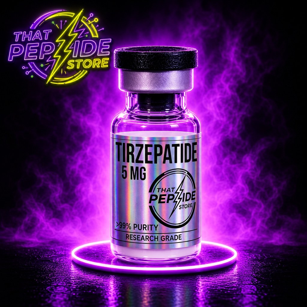 Tirzepatide 5mg research peptide vial — lyophilized powder, ≥99% HPLC purity, third-party COA available. For research use only.